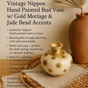 Vintage Nippon Hand-Painted Bud Vase w/ Gold Moriage & Jade Bead Accent